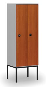 Drevená šatníková skrinka s podnožou, 2 oddiely, 1871 x 600 x 500 mm, RFID zámok, sivá/čerešňa