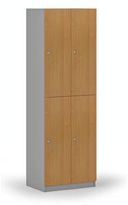 Drevená šatníková skrinka s úložnými boxmi, 4 boxy, cylindrický zámok, sivá/buk