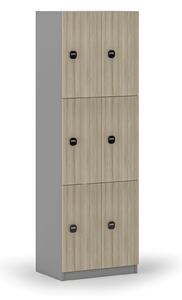 Drevená šatníková skrinka s úložnými boxmi, 6 boxov, RFID zámok, sivá/dub prírodný