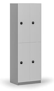 Drevená šatníková skrinka s úložnými boxmi, 4 boxy, RFID zámok, sivá/biela