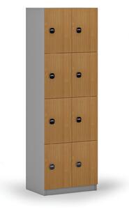 Drevená šatníková skrinka s úložnými boxmi, 8 boxov, RFID zámok, sivá/buk