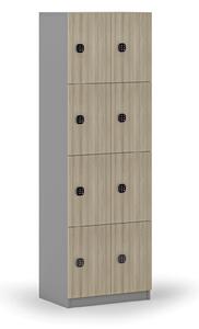 Drevená šatníková skrinka s úložnými boxmi, 8 boxov, kódový zámok, sivá/dub prírodný