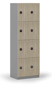 Drevená šatníková skrinka s úložnými boxmi, 8 boxov, RFID zámok, sivá/dub prírodný