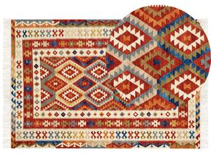 Kelímový koberec viacfarebný vlna 160 x 230 cm geometrický vzor so strapcami ručne tkaný tradičný štýl obývačka spálňa