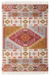 Kelímový koberec viacfarebný vlna bavlna 160 x 230 cm patchwork geometrický vzor so strapcami ručne tkaný boho štýl obývačka spálňa