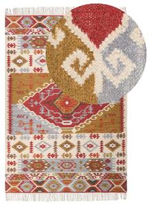 Kelímový koberec viacfarebný vlna bavlna 160 x 230 cm patchwork geometrický vzor so strapcami ručne tkaný boho štýl obývačka spálňa