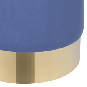 Podnožka modrá zamatová okrúhla puf taburetka elegantná so zlatým