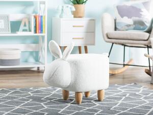 Detská taburetka so zvieratkom zajačik biela polyesterová látka čalúnená s drevenými nohami detská podnožka