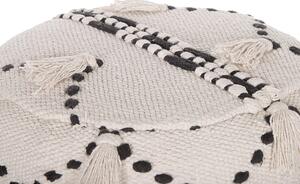Podnožka béžová s čiernym dekoratívnym bavlneným pletením drevené nohy ozdobné strapce boho dizajn