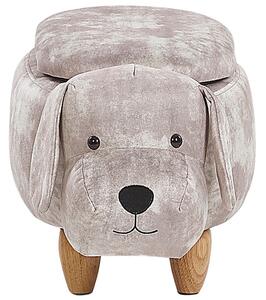 Béžový zamatový puf pes, psík, drevené nohy, stolička s úložným priestorom pre deti