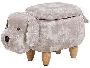 Béžový zamatový puf pes, psík, drevené nohy, stolička s úložným priestorom pre deti