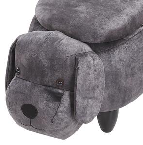 Sivý zamatový puf pes, psík, drevené nohy, stolička s úložným priestorom pre deti