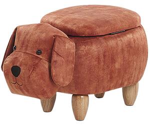 Hnedý zamatový puf pes, psík, drevené nohy, stolička s úložným priestorom pre deti