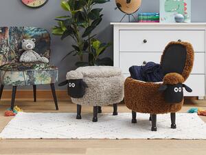 Hnedý puf, ovca, stolička, umelá kožušina, drevené nohy, podnožka s úložným priestorom pre deti