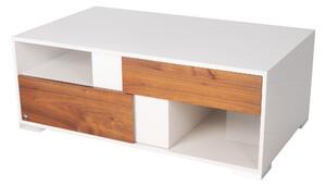 Konferenčný stolík moderný biely vysokoleštený s dyhovanými zásuvkami a úložným priestorom 120 x 70 cm N-34