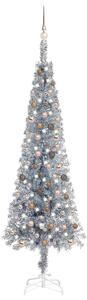 Úzky vianočný stromček s LED a sadou gulí strieborný 240 cm
