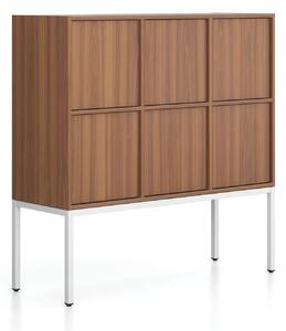 Kancelárska skriňa FRAME, nízka, biela podnož, 6x dvere, 1299 x 450 x 1331 mm, PUSH-lock, orech