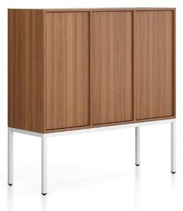 Kancelárska skriňa FRAME, nízka, biela podnož, 3x dvere, 1299 x 450 x 1331 mm, PUSH-lock, orech