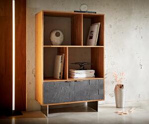 DELIFE Policový systém Teele 90x130 cm akácia prírodná bridlica 2 dvierka závesná podstava nerezová oceľ