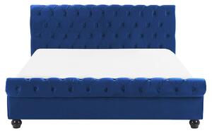 Rám postele modré zamatové čalúnenie čierne drevené nohy king 160x200 cm s gombíkmi elegantná