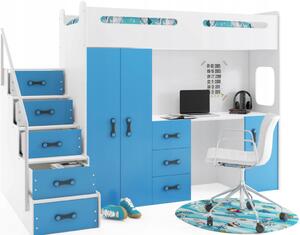 Interbeds MAX 4 poschodová posteľ 258x180 komplet + matrac + písací stôl + šatník modro-biela
