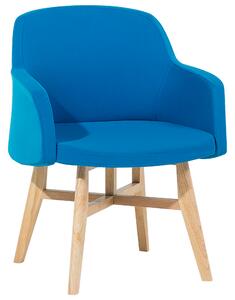 Kreslo modré čalúnené klubová stolička v retro štýle drevené nohy