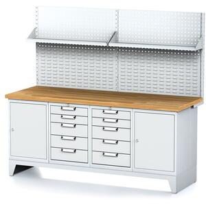 Dielenský stôl MECHANIC I, perforovaný panel, 2 skrinky a 2 zásuvkové boxy na náradie, 10 zásuviek, 2000x685x880 mm, sivé dvere