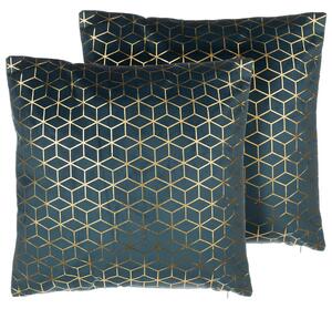 Sada 2 dekoratívnych vankúšov modrý zamat kockovaný vzor 45 x 45 cm geometrická fóliová potlač moderné glamour doplnky