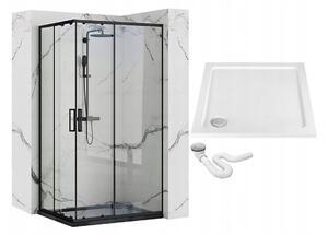 Rea Punto, sprchový kút s posuvnými dverami 80(dvere) x 80(dvere) x 190 cm, 5mm číre sklo, čierny profil + biela sprchová vanička Savoy, KPL-K1012