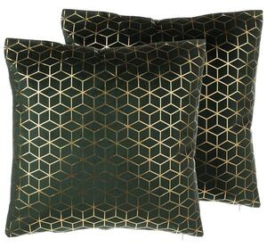 Sada 2 dekoratívnych vankúšov zelený zamat kockovaný vzor 45 x 45 cm geometrická fóliová potlač moderné glamour doplnky