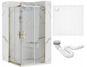 Rea Punto, sprchový kút s posuvnými dverami 80(dvere) x 80(dvere) x 190 cm, 5mm číre sklo, zlatý lesklý profil + biela sprchová vanička Savoy, KPL-K6441