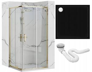 Rea Punto, sprchovací kút 80x80x190 cm, 5mm číre sklo, zlatý lesklý profil + čierna sprchová vanička Savoy, KPL-K1441