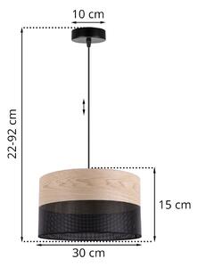 Závesné svietidlo Wood, 1x béžová dubová dýha/čierne PVCové tienidlo, (fi 30cm)