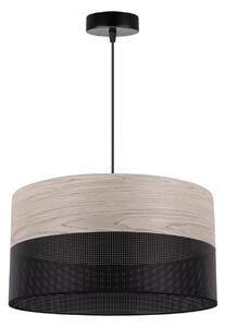 Závesné svietidlo Wood, 1x svetlobéžová dubová dýha/čierne PVCové tienidlo, (fi 40cm)
