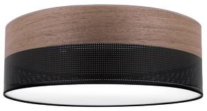 Light Home Stropné svietidlo Wood, 1x hnedá orechová dýha/čierne PVCové tienidlo, (biele plexisklo), (fi 40cm)