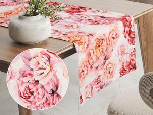 Biante Zamatový behúň na stôl Tamara TMR-041 Ružovo-červené pivonky na bielom 20x120 cm