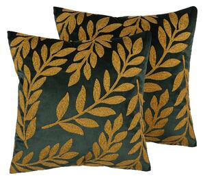 Sada 2 dekoratívnych vankúšov zelený zamat vyšívaný vzor listov 45 x 45 cm retro dekoračný doplnok s kvetovaným motívom glamour