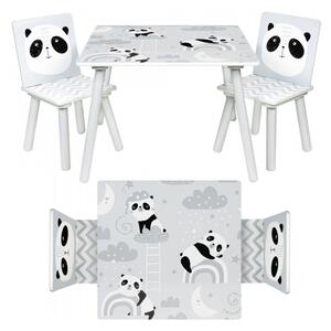 BABY NELLYS Detský nábytok - 3 ks, stôl so stoličkami Panda - sivá