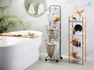Kovový stojan s 3 drôtenými košíkmi sivý na kolieskach úložné košíky na ovocie uteráky úložný priestor do kúpeľne a kuchyne
