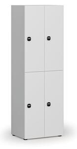 Drevená šatníková skrinka s úložnými boxmi, 4 boxy, RFID zámok, sivá/biela