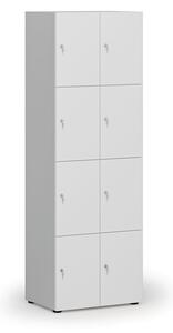 Drevená šatníková skrinka s úložnými boxmi, 8 boxov, cylindrický zámok, sivá/biela