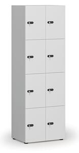 Drevená šatníková skrinka s úložnými boxmi, 8 boxov, mechanický kódový zámok, sivá/biela
