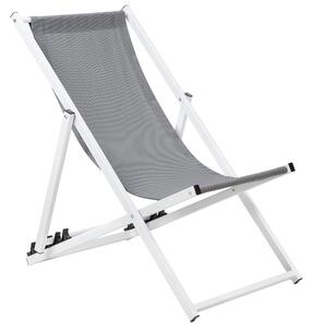 Skladacia plážová stolička sivá látkové sedadlo biely rám ležadlo na terasu s nastaviteľným operadlom