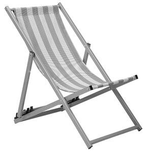 Skladacia plážová stolička sivá a biela látkové pruhované sedadlo sivý rám ležadlo na terasu s nastaviteľným operadlom