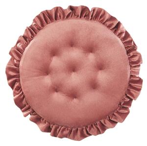 Sedací vankúš ružový zamatový ø 40 cm okrúhly s volánmi prešívaná poduška na stoličku glamour retro