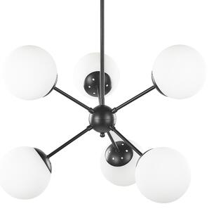 Závesná lampa čierna biela železo 100 cm 6 svetiel sklenené okrúhle tienidlá matný povrch moderný retro štýl obývačka
