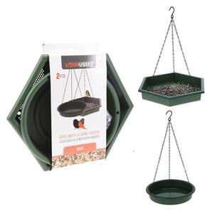 Závesné kŕmidlo + napájadlo pre vtáky Duo, 45x28 cm+43x25 cm, plast, zelená