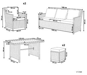 Záhradná sedacia súprava pre 5 osôb sivá z umelého ratanu s béžovými vankúšmi obdĺžnikový stôl 2 kreslá 2 taburetky