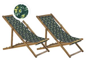 Sada 2 záhradných ležadiel svetlé akáciové drevo zelený látkový poťah so vzorom olív záhradné skladacie kreslá