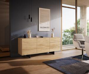 DELIFE Komoda Cuor 180 cm keramika Laminam® sabbia dubová farba 2 dvierka 3 zásuvky podstava závesná kov čierna